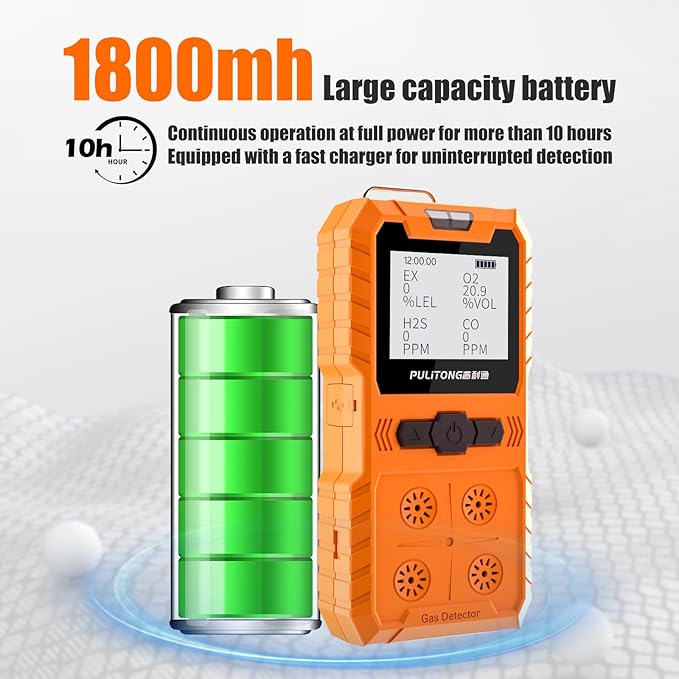 Portable 4 Gas Monitor Multi Gas Detector，Portable Gas Detector Rechargeable 4 Gas Monitor Ex H2s Co O2 with LCD Display Sound Light Shock confined Space air Monitor (Orange)