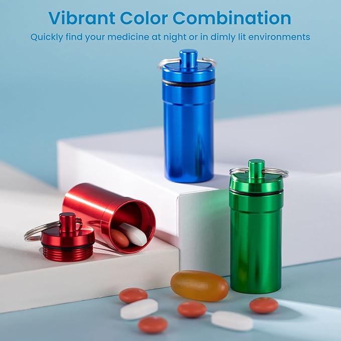 Keychain Pill Holder for Nitroglycerin, 2 Pack Mini Waterproof Portable Travel Purse Pocket Pill Case, Keychain Fob Container for 25ct Nitro/Nitroglycerin Bottle (2pcs-Red + Blue)