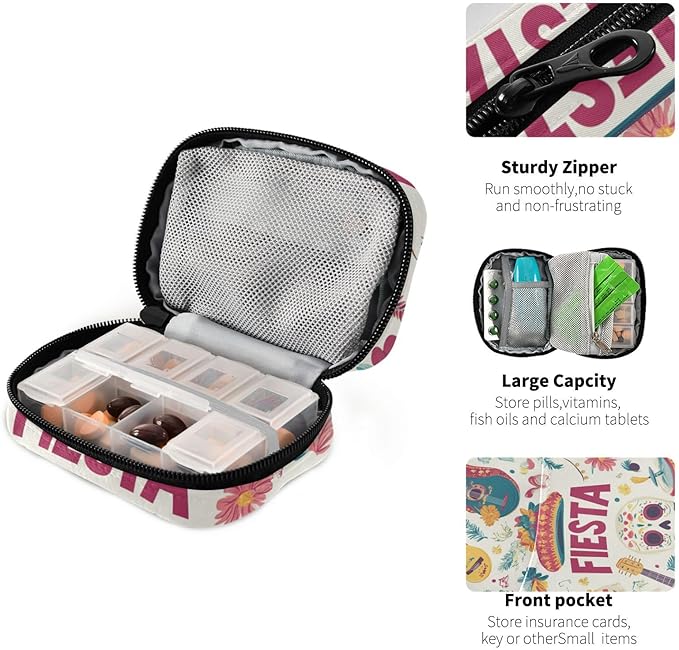 White Fiesta Guitars Skulls Hats Travel Pill Organizer Case Box Container Weekly Portable Vitamin Medicine Holder Storage Bag with Zipper Removable