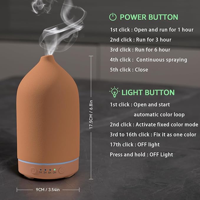 200ML Ceramic Essential Oil Diffuser - Ultrasonic Aromatherapy & Humidifier with 7-Color LED Lights, Auto Shut-Off, Brown, 1H/3H/6H Timer | Scent for Home,Office,Yoga
