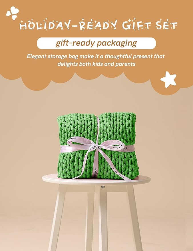 YnM Cooling Weighted Blanket, 100% Cotton Handmade Chunky Knitted Blanket, Weighted Lap, Breathable Heavy Blankets, Machine Washable Throw for Sleep or Home Decor (Green, 25x35 Inch, 3lbs)