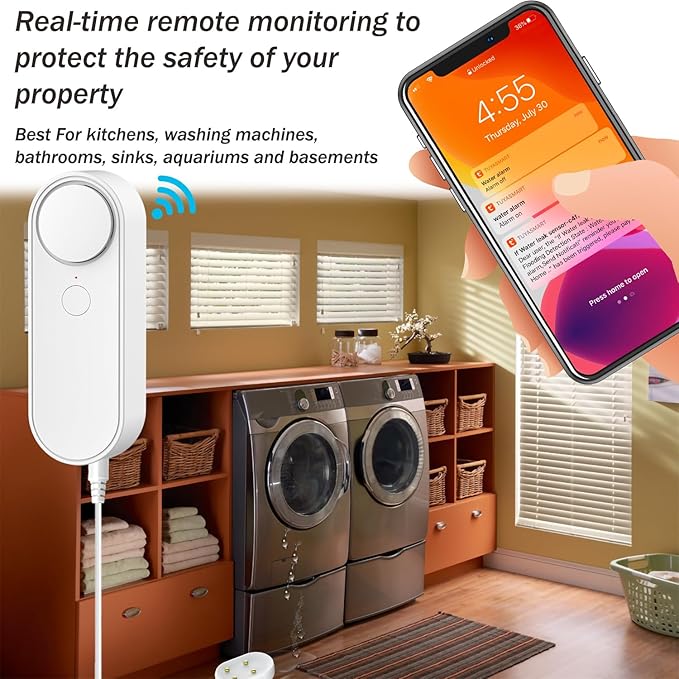 Multifunctional WiFi Water Leak Detector, 6.5ft Split Drip/Leak Detection Cable, Dual Interface, Expandable, Smart Leak Sensor Alarm, AAA Battery Powered, APP Monitoring, Over 5 Months Standby