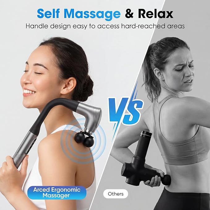 Long Handle Massage Gun for Back and Shoulders, Ergonomic Extended Reach Deep Tissue Massager, U-Shaped Dual Head Percussion Muscle Massager, 12 Speeds with 5 Heads, Quiet & Cordless