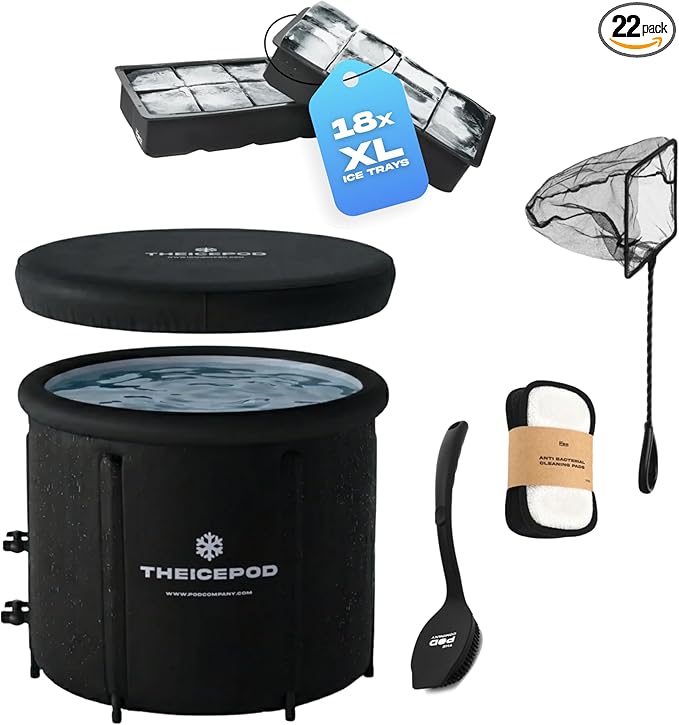 The Pod Company Cold Plunge Ice Bath Bundle – 110-Gallon Pro Ice Pod with Insulated Lid, 18 Reusable Ice Bricks & Cleaning Kit – Chiller Compatible for Home Recovery & Wellness