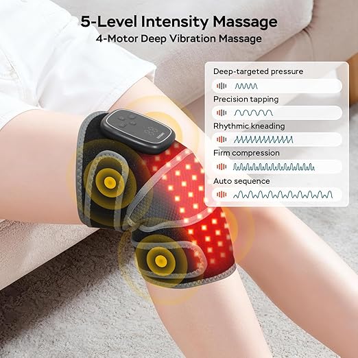 Red Light Therapy Knee Massager Brace – 660nm & 850nm Near-Infrared Light Devices, 4-Motor Deep Vibration Massage with Heating & Pulse Mode, 5000mAh Cordless Knee Pain Relief for Home & Office