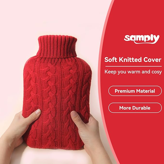 samply Hot Water Bottle with Knitted Cover, 2L Hot Water Bag for Hot and Cold Compress, Hand Feet Warmer, Ideal for Menstrual Cramps, Neck and Shoulder Pain Relief,Red