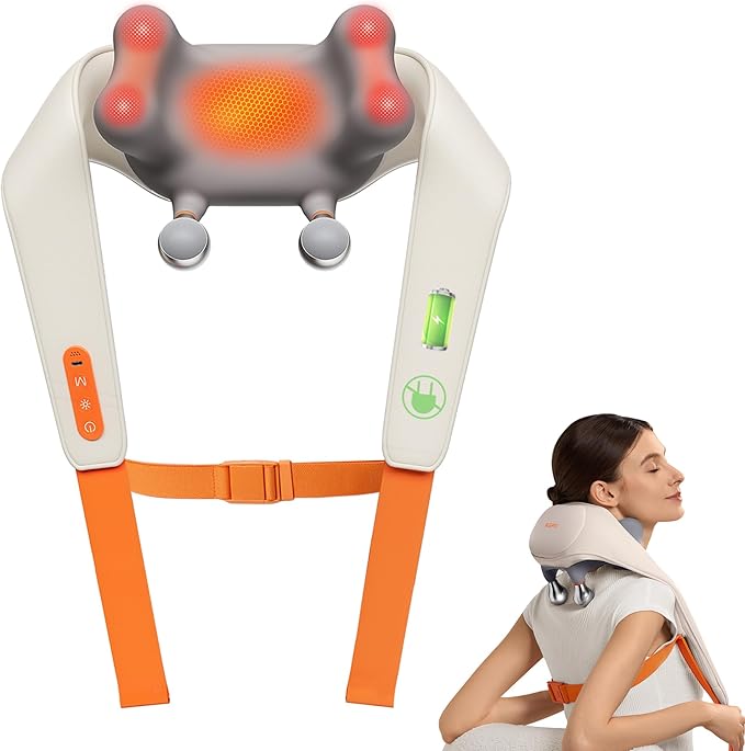 Cordless Neck Massager with Heat, 6D Shiatsu Neck & Shoulder Massager for Pain Relief Deep Tissue, Dual-Sided Massage Heads, Relaxing Electric Kneading Massage, Best Gift for Men Women