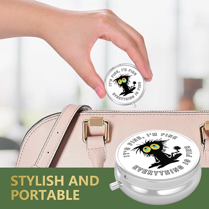 Nipichsha Pill Box, Small Pill Case for Purse & Pocket, Cute Travel Medicine Organizer, Portable Medicine Container Holder to Hold Vitamins, Medication, Fish Oil & Supplement, Funny Black Cat