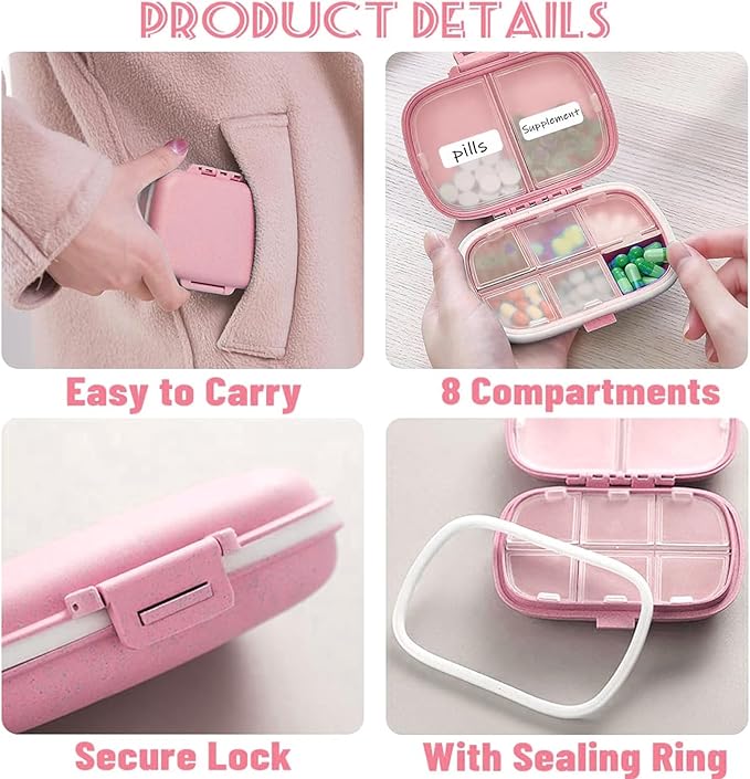2PCS INVODA Pill Organizer Travel Pill Box 8 Compartments Moisture Proof Small Pill Case for Pocket Purse Daily Pill Container Portable Medicine Fish Oil Vitamin Holder