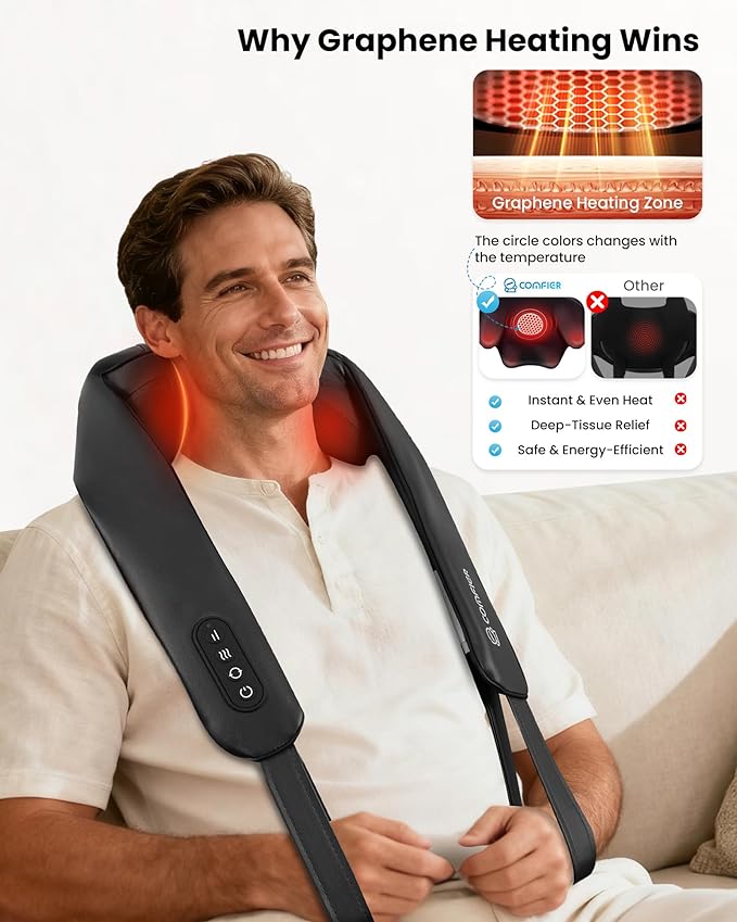 COMFIER Shiatsu Neck Massager with Heat, Cordless Neck and Shoulder Massager for Pain Relief Deep Tissue, Graphene Heating, 4D Kneading Massage Pillow -Black