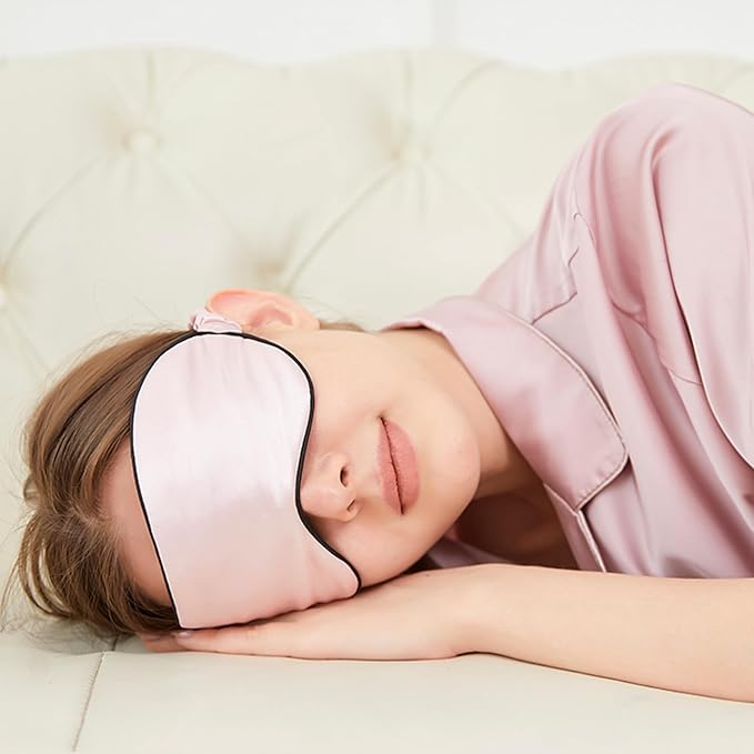 100% Mulberry Silk Sleep Mask for Women/Men Airplane Travel, Pure 22 Momme Silk Eye Mask Blackout for Sleeping, Ajustable, Luxury, Anti Wrinkle, Anti Aging Silk Blindfold, Made in USA (Pink)