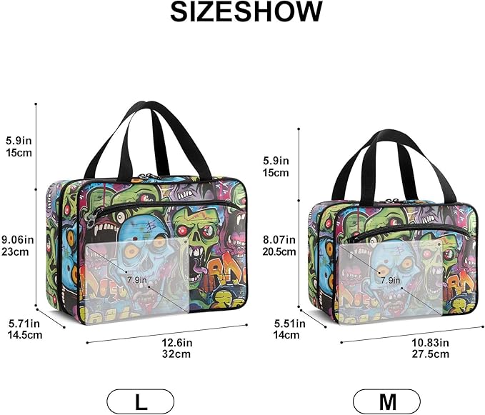 Fustylead Graffiti Art Zombie Green Scary Walking Dead Pill Organizer Bag Large Medicine Travel Carrying Case with Zipper for Vitamin Supplements Fish Oil, Empty First Aid Kit for Hiking Camping