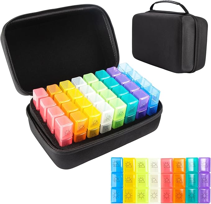 Monthly Pill Box Organizer 3 Times a Day, Travel Medicine Organizing Bag with Portable Hard Shell, Medical Supplies with 32 Daily Compartments, Pill Holder for Vitamin, Fish Oil, Supplements