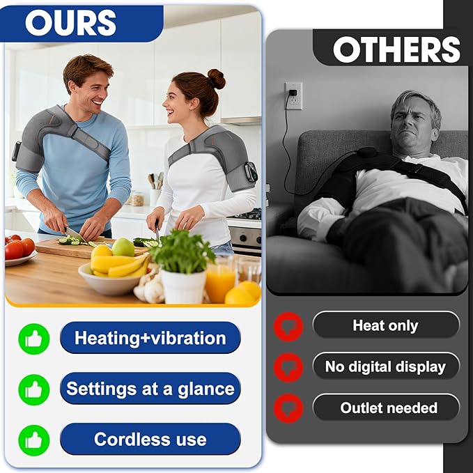 Upgraded Cordless Shoulder Heating Pad with Vibration, Rotator Cuff Pain Relief Pad with 4 Motors & Larger Heating Area, 5 Heat & Vibration Modes & 3Timer, 5000mAh Battery, Portable Shoulder Massager