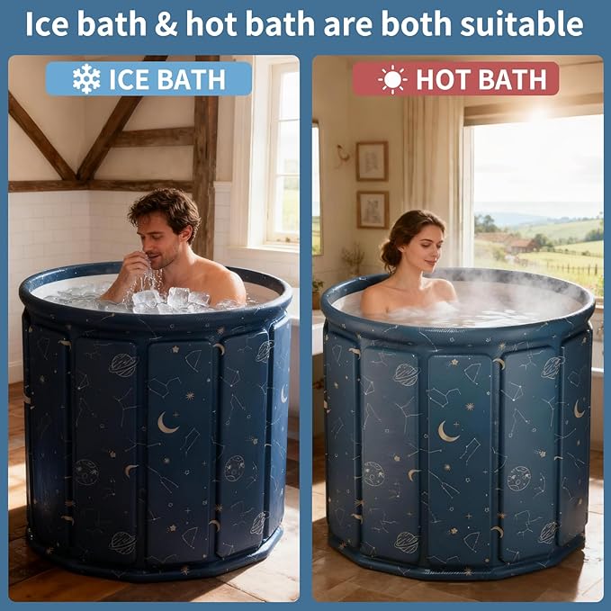 Portable Foldable Hot Cold Bath Tub, Large Portable Hot Cold Bath Tub for Home Outdoors Gyms, Collapsible Soaking Bath Tub for Shower (77Gal) (Blue Planet Insulation Set)