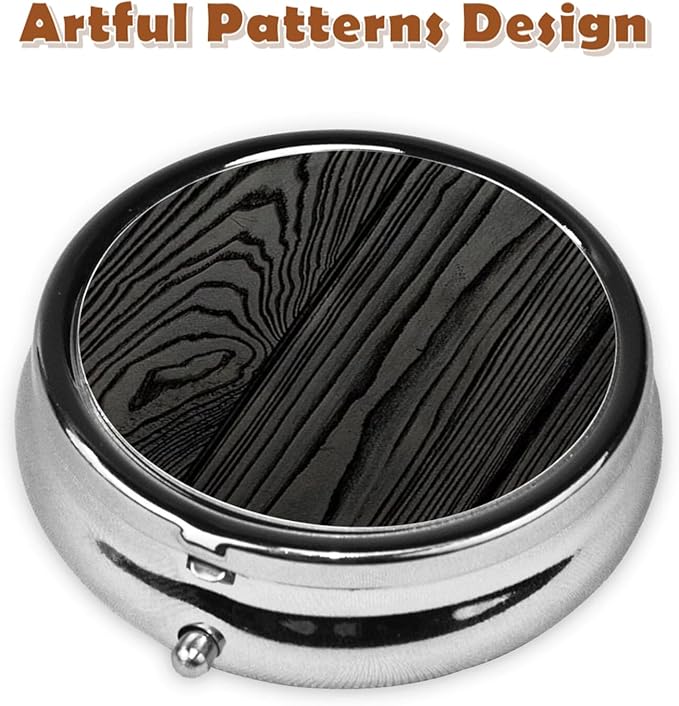 Metal Pill Organizer - 3-Compartment Mini Round Pill Case for Pocket & Purse, Portable Vitamin Holder, Easy-Open Design for Travel - Black Wood Grain
