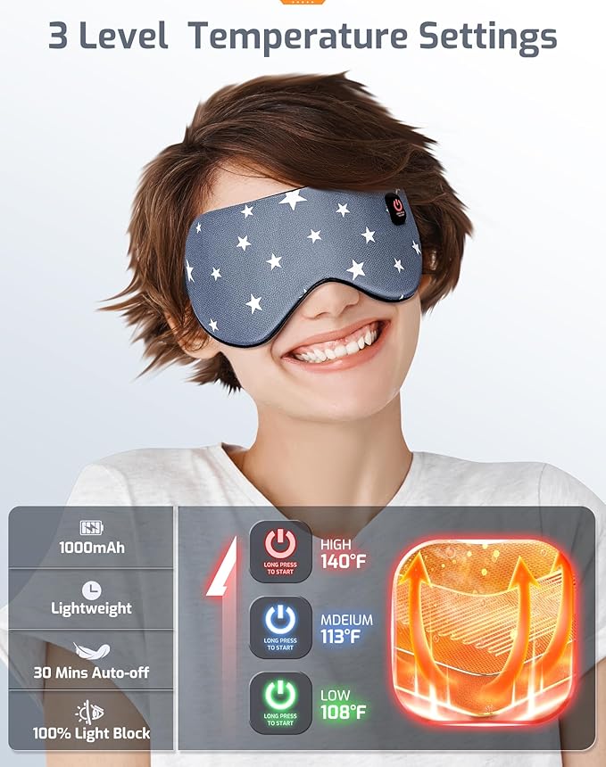 Heated Eye Mask-Cordless Warm Eye Compress Heated Eye Mask for Dry Eyes, Blepharitis,Light Blocking Heat Eye Mask for Men Women, Electric Warm Eye Mask for Airplane Sleeping for Travel (Gray Star)