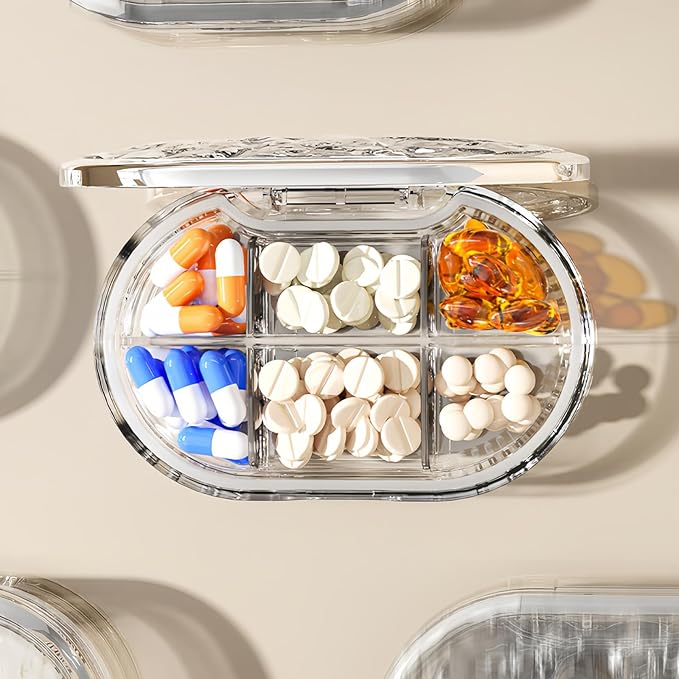 Stylish Pill Organizer Crytal Clear, Waterproof Pill Case for Daily Vitamins, Medicine, Supplements, Travel Pill Box, Cute, Portable with Elegant Design (6 Compartments)