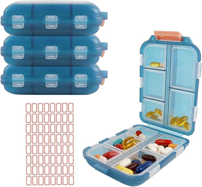4Pack Travel Pill Organizer - 10 Compartments Pill Case with 64 Stickers, Pill Organizer 2 Times A Day, 20 Days Portable Compartments for Vitamins, Fish Oils, Supplements(Green)