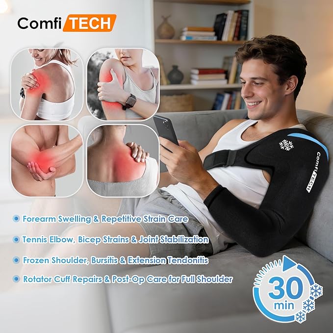 ComfiTECH Dual-Gel Shoulder Arm Ice Pack Wrap with Extended 30-Min Cooling, Detachable Cold Pack & Flexible Gel Ice Sleeve for Volleyball Pitchers, Post-Workout Recovery, Muscle Relaxation, Large