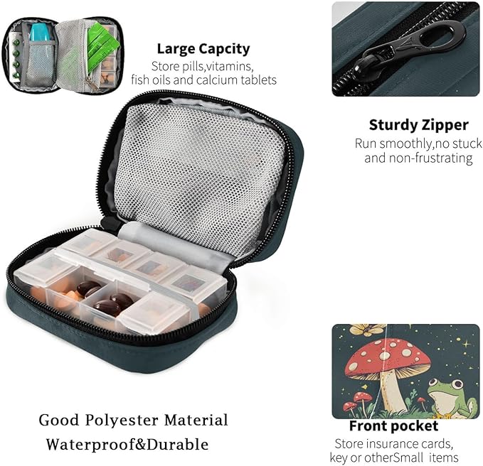 Fustylead Cute Frog and Red Mushroom Butterfly Travel Pill Case Bag with Zipper Weekly Pill Box 8 Compartments 7 Day Personal Pill Case Purse Medicine Case Organizer