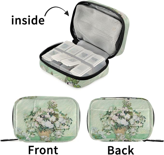 Roses Van Gogh Pill Box 7 Day Pill Case Bag Travel Pill Organizer Bag with Zipper Portable Weekly Case Compact Size for Vitamin Supplement Holder