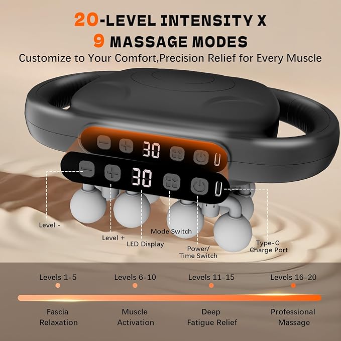 16 Head Massage Gun, Back Massager for Pain Relief, Massage Gun Deep Tissue, Time Adjustable Percussion Massager with 9 Modes 20 Intensities for Body, Shoulder, Neck, Legs, Foot, Gifts for Men/Women