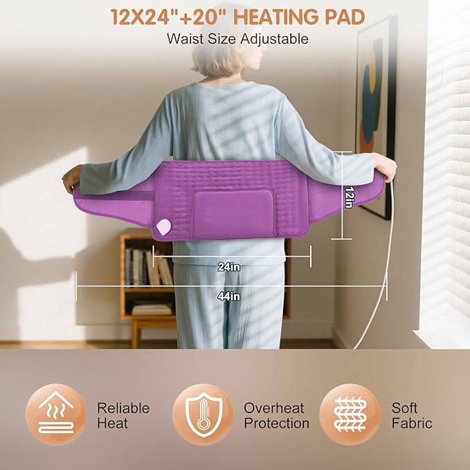 Heating Pad Back Pain Relief Electric Heating Pad for Period Cramps Lower Back Neck Shoulders Pain Relief 6-Hour Auto Off 12x24 Heated Pad + 20" Belt 4 Timer 6 Heat Level Wrap (Lilac)