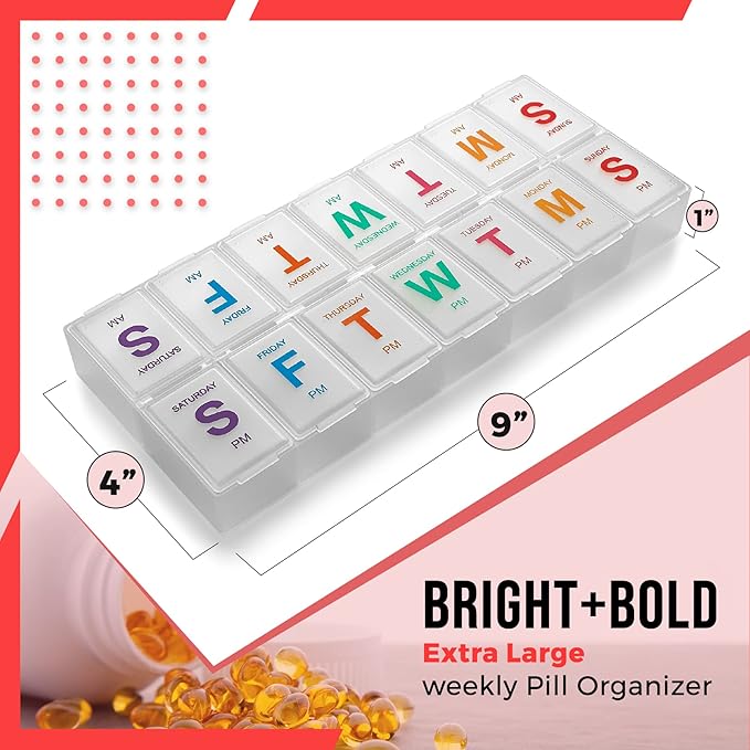Extra Large Pill Organizer - Pill Box 7 Day Weekly Pill Organizer 2 Times a Day and AM PM Daily Pill Organizer Case for Medication Pills and Supplements with Braille and Bright XL Easy to Read Colors