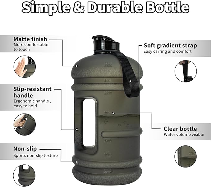 TOOFEEL 1 Gallon Water Bottle - 128 oz With Flip Lid, Measurements Marked, Leak Proof BPA Free Jug for Gym, Sports - Matte Black