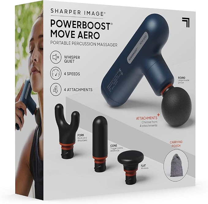 Sharper Image Powerboost Move Aero [New 2026 Version] Mini Deep Tissue Percussion Massage Gun| Muscle Recovery & Pain Relief Massage Tool| Full Body Back & Shoulder Massager| Gift for Men Women