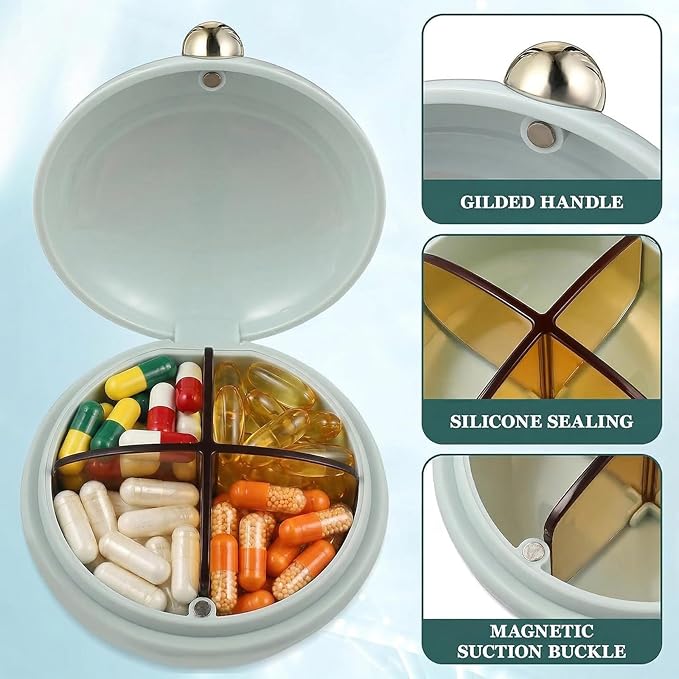 Travel Pill Organizer, 4 Compartments Portable Pill Case, Daily Medicine Box for Large Vitamins, Moisture Proof Fish Oil Holder, Business Trip Essentials (Blue)