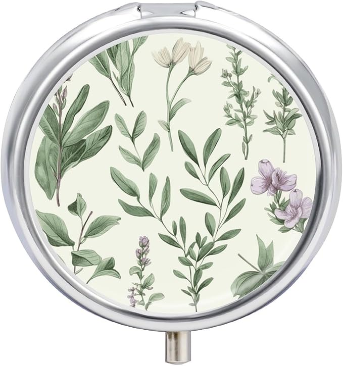 Green Flower Herb Sage Leaves and Branches Pill Box Travel Pill Case for Purse Pocket Weekly Medicine Organizer with Mirror 3 Compartment Round Medicine Case Portable PillcaseHolder for Daily