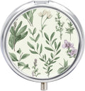 Green Flower Herb Sage Leaves and Branches Pill Box Travel Pill Case for Purse Pocket Weekly Medicine Organizer with Mirror 3 Compartment Round Medicine Case Portable PillcaseHolder for Daily