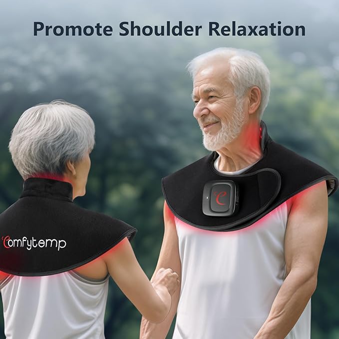 Comfytemp Cordless Red Light Therapy Pad for Neck Shoulder, Wearable Near Infrared Light Wrap for Body, 19W Flexible Light Cape for Upper Back Muscle, 660nm & 850nm