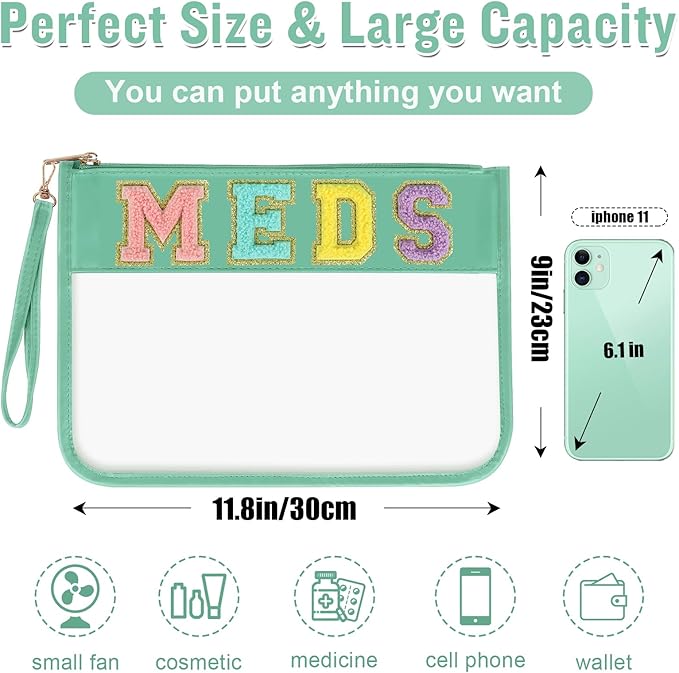 Chenille Letter Bag Clear Makeup Pouch, Preppy Patch Small Medicine Bag Travel Drugs Pills Zipper Pouch With Wristlet, Waterproof Portable Meds Storage Organizer for Patient Nurse (MEDS-Green)