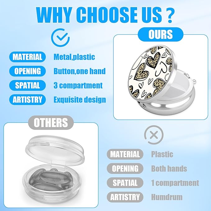 Leopard Love Heart Pill Case, Pill Box 3 Compartments Metal Small Pill Holder with Mirror Mini Travel Pill Container for Purse Pocket Women Men