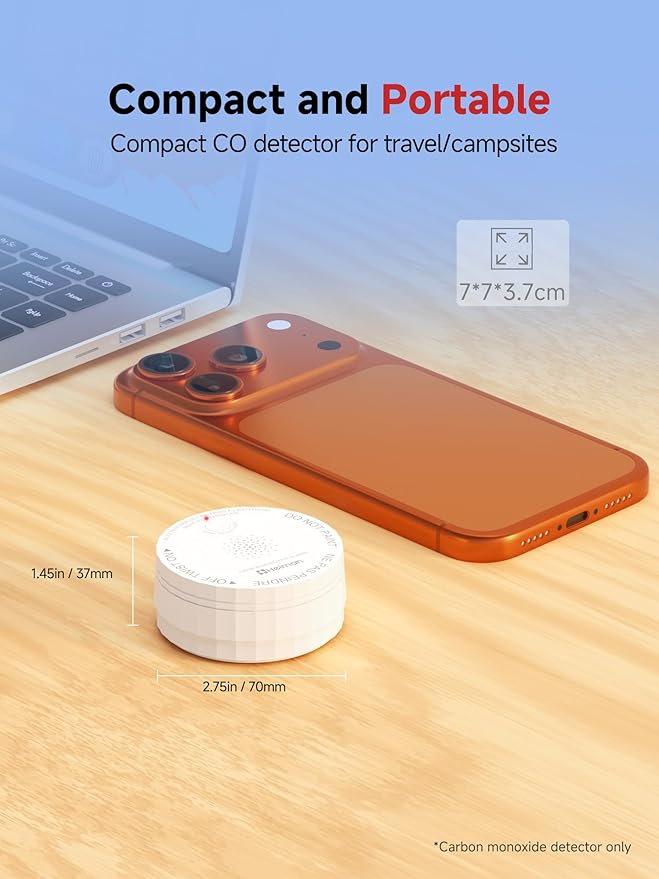 HEIMAN Smart Carbon Monoxide Detector, Wi-Fi Nano CO Alarm, ETL Listed Real-Time Push Notifications Battery Powered, Test-Reset Button, 2034 Standards, 10-Year Figaro Sensor, Portable for Trave