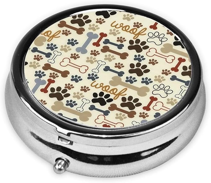 Metal Silver 3 Compartment Pill Box Pocket Portable Mini Travel Pill Case Small Round Decorative Medicine Box Vitamin Pill Organizer with Bone Dog Paw