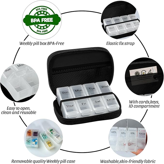 2 Packs Weekly Travel Pill Organizer for Purse with Removable 7 Day Pill Box Premium Neoprene Pill Container for Travel Purse Accessory, Vitamin, Supplement, Small Pieces Arrangement-Black and Cream
