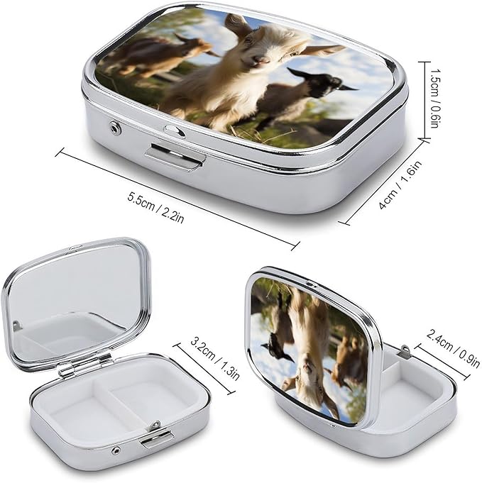 Cute Goat Pill Box 2 Compartment Portable Pill Case Daily Square Pill Organizer for Pocket Purse Daily Medicine Container to Hold Vitamins Fish Oil Travel Gifts