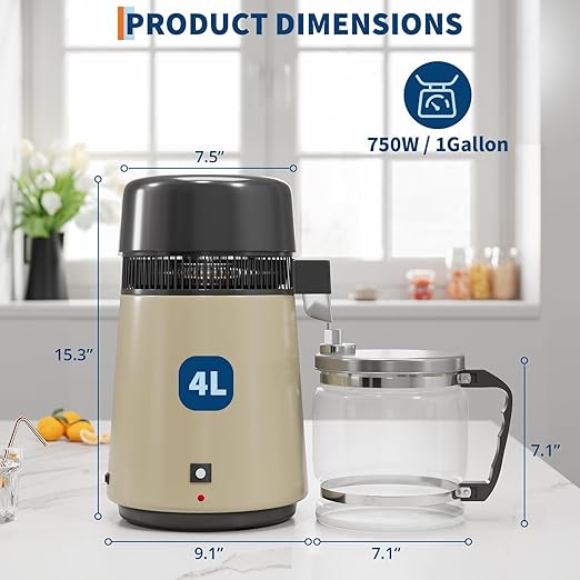 4L Countertop Stainless Steel Distilled Water Purifier, Distilled Water Making Machine with Glass Container, Ideal for Household, Workplace, Lab, and Aquarium Usage-Golden