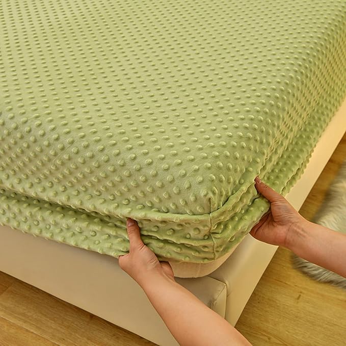 ZIQINPSQ Coral Velvet Fitted Sheet-Thickened Cold-Resistant and Warm Bed Sheets-Soft Velvet Fleece Fitted Sheets with-Elastic All Around. (Green, Full)