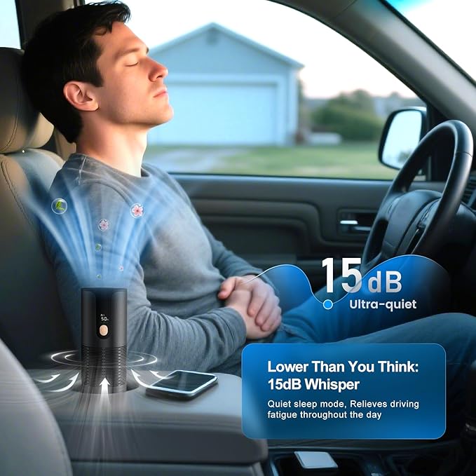 Mini Car Air Purifier with True HEPA 3-Layer Filtration,15dB Ultra-Quiet & Portable Air Purifier for Car, Desk, Small Spaces & Travel (Black)