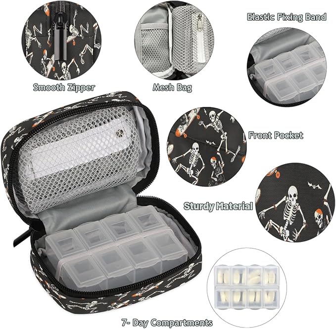 Funny Halloween Skateboard Skeleton Travel Pill Organizer Box Weekly Portable Pill Case Daily Pills 7 Day Small Birth Control Pills Container Removable Compartments for Medicine Vitamins Fish Oil