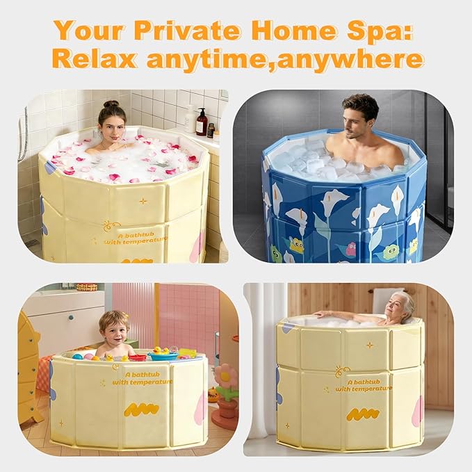 Quivora 27.5" Portable Bathtub for Adults, Seniors, Kids & Pets, Inward Folding Edge for Easy Step-In, 2-in-1 Ice Bath & Hot SPA Collapsible Soaking Tub (Blue, 27.5x26")