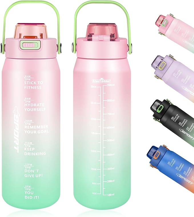 Motivational Water Bottle 32oz with Time Marker- Leakproof & BPA Free Sports Water Bottle with Straw & Carry Strap for Gym, Travel and Outdoor Sports (Pink/Blue Gradient)