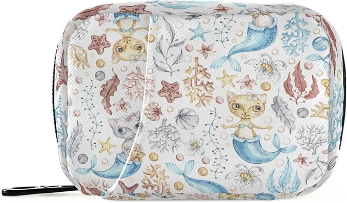 Watercolor Cat Mermaid Pill Box 7 Day Pill Case Travel Pill Organizer Bag with Zipper Portable Weekly Case Compact Size for Vitamin Supplement Holder