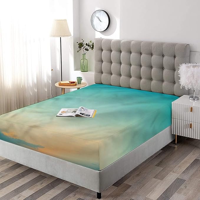 Decorative Fitted Sheet Set Queen Size, Aqua Deep Pockets Fitted Sheet & 2 Pillow Sham Set(No Flat Sheet), Early Morning Sky in Blue Printed Microfiber Bedding 3pc Set, for Women & Men Bedding