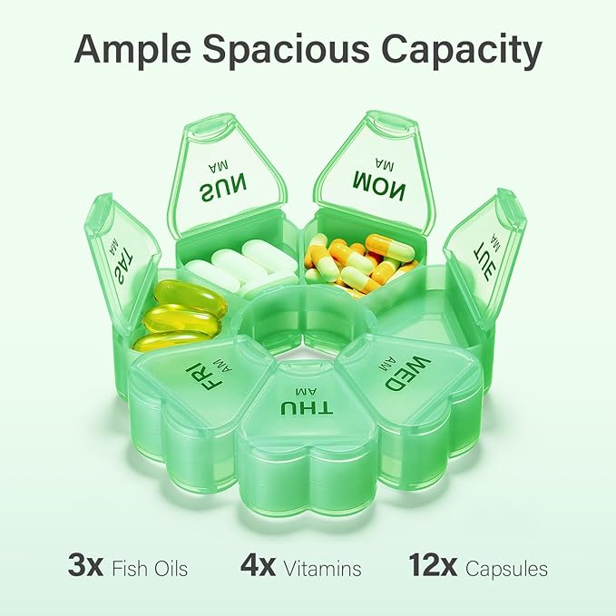 Weekly Pill Organizer, 7 Day AM/PM Pill Box with 14 Compartments, 2 Times a Day Travel Pill Case for Vitamins, Medicine, Fish Oil & Supplements (Green)